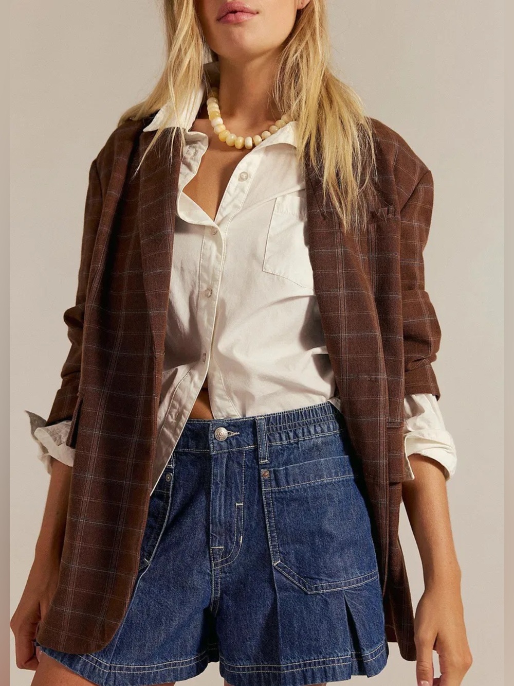 Free People Reggie Blazer Plaid Brown Combo Oversized Academia Preppy Jacket M